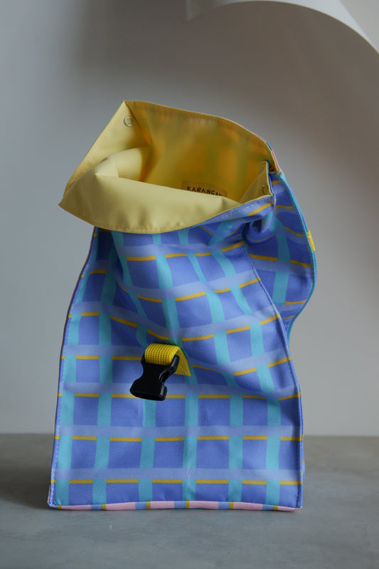Fold Lunch Bag  - Grid Pink Blue