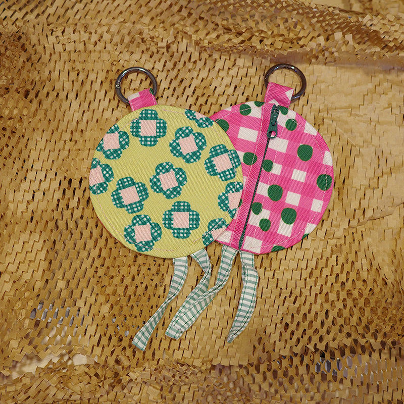 Round Pouch / Bag Charm - Green Pansy Pink